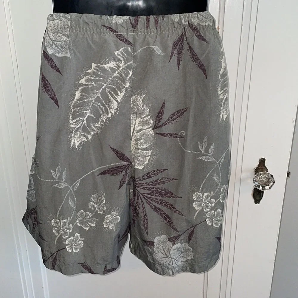 Nautica army green, cream‎ & maroon floral & leaf print nylon swim trunks